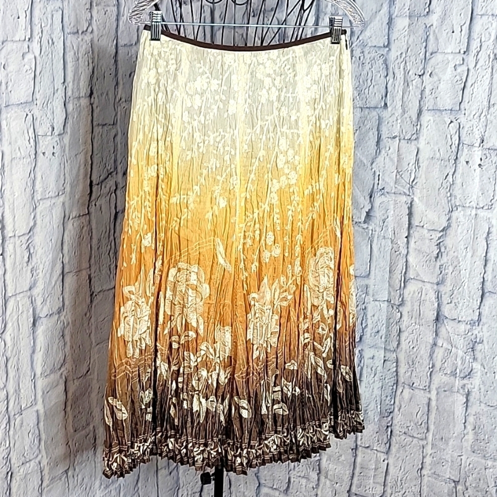 PETER NYGARD Floral Embroidered‎ and Smocked Crinkled Silk Skirt Size 6